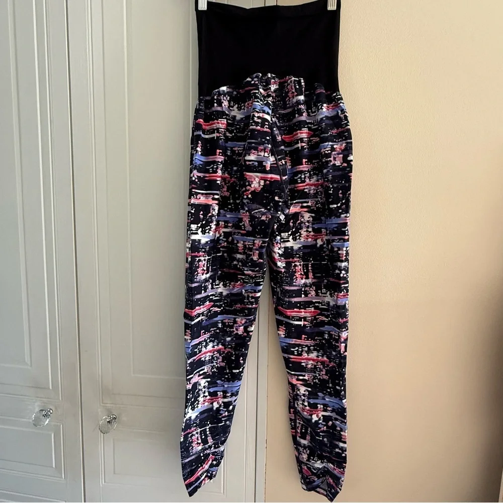 Motherhood Maternity Pants Sz L Black Purple Retro Print Stretch PullOn Leggings